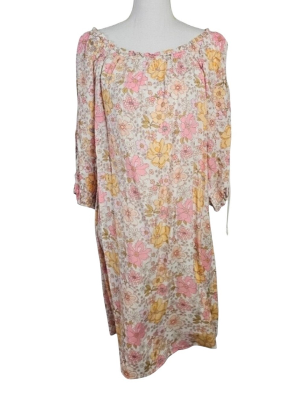 Naif Petite Floral Boho Dress XL Pink Yellow Off Shoulder Peasant Rayon NWT